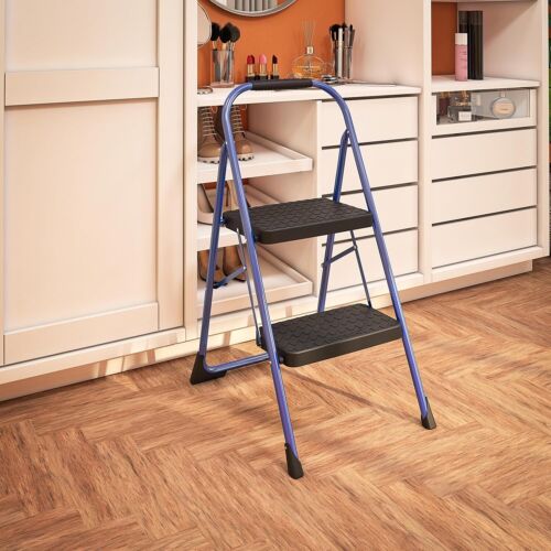 2-Step Steel Step Stool with Rubber Grip - Lightweight & Foldable Blue Design - Picture 4 of 10