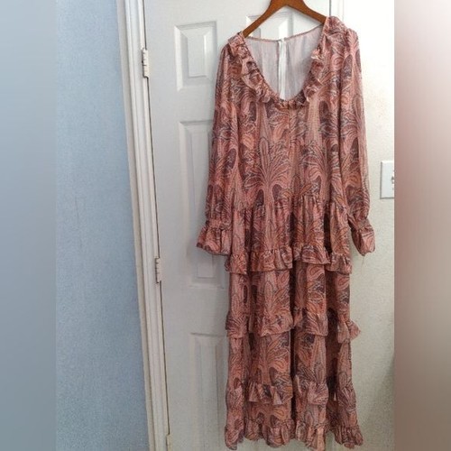 Romantic Boho Maxi Dress Dusty Pink Floral Print Tiered Ruffle Long Sleeve - Picture 2 of 4