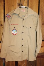 Boy Scouts of America Men's Adult Shirt Small Tan Long Sleeve Sewn on patches