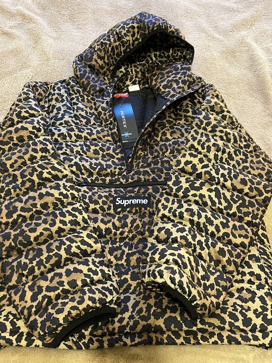 New Supreme Micro Down Half Zip Hooded Pullover Pertex Leopard Size Medium  NWT