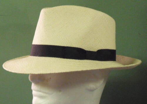 CHANEL beige raffia curled brim navy ribbon CC logo trilby  display picture 1