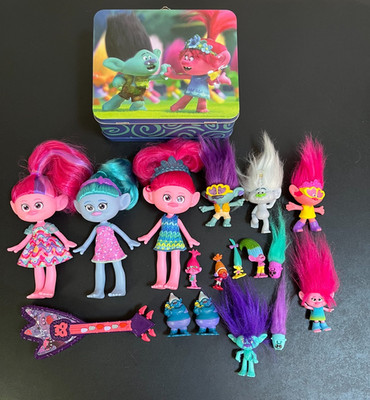 DreamWorks Trolls Lot 18: Lunchbox, Chenille Poppy Dolls 6.5 , Figures, Guitar