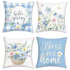 Spring Floral Throw Pillow Covers 18 x 18 Inch Hello Spring Blue Flower-2