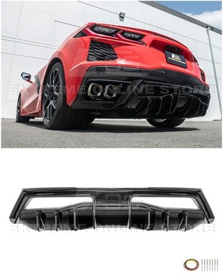 For 20-Up Corvette C8 Base | Glossy Black Rear Bumper Add-On Finned Diffuser