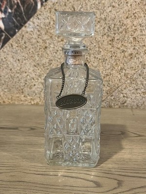 VTG Cut Glass Square Diamond Pattern with Stopper & Tag Bourbon Decanter 9 1/2''