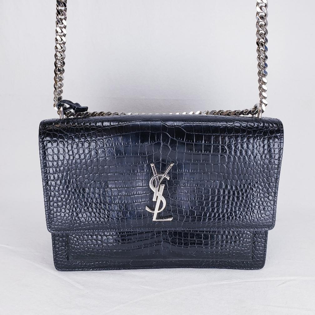 YSL Saint Laurent Sunset Medium Black Crocodile Embossed Leather