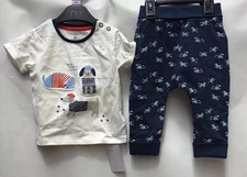 New Mothercare Size 6-9 Months Baby Boy White Top Blue Printed Trousers Cotton