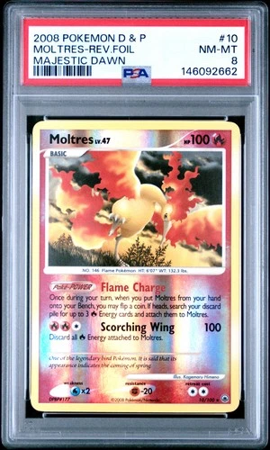 2008 POKEMON DIAMOND & PEARL MAJESTIC DAWN #10 MOLTRES-REVERSE FOIL PSA 8