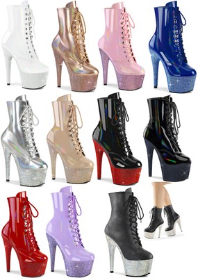 Pleaser BEJEWELED-1020-7 7'' Heel, Platform Front Lace-Up Ankle Boot W Rhinestone
