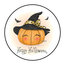 HAPPY HALLOWEEN ENVELOPE SEALS STICKERS LABELS TAGS 1.5" ROUND 30 CUTE PUMPKIN