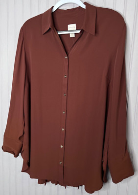 Chico's Womens TOP  18 20 3 Dark Orange Button Collar Cuff Pleats Designer NEW