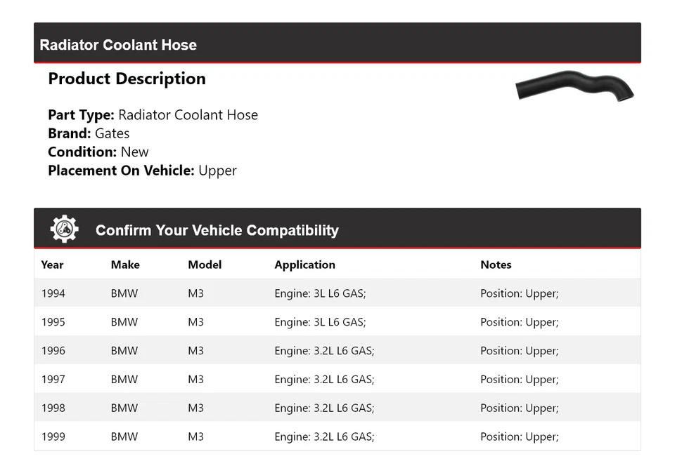 Manguera de refrigerante de radiador para BMW M3 1994-1999 puertas superiores 1995 1996 1997 1998 Foto 2 de 3