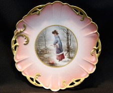 Haviland & Co. Limoges 9" Painted Portrait Plate Lady Warming Hands by Fire