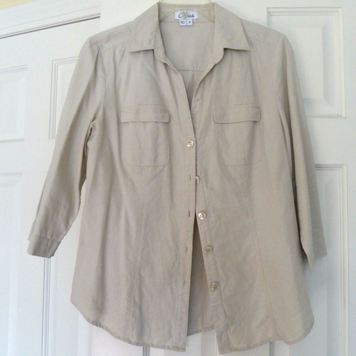 Chaus Khaki Elfenbein Leinen/Rayon Langarm Bluse Shirt Größe 8