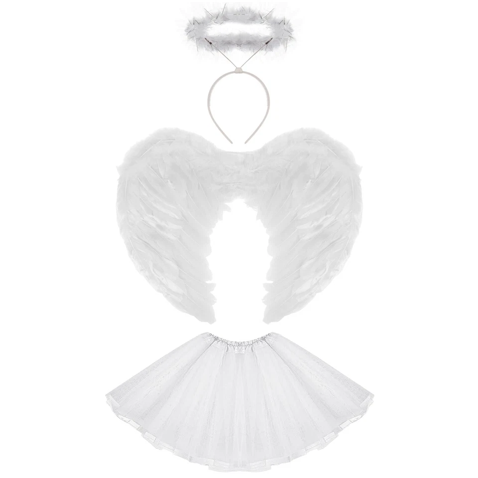 Kids Angel Costume Fairy Feather Wings Halo Halloween Fancy Dress Outfit Party - Image 4 of 4