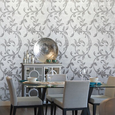 Floral Victorian Flocked Textured Gray Silver metallic flocking velvet Wallpaper