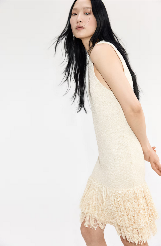 H&M Fringe-Trimmed Knit Dress (Light beige) | eBay