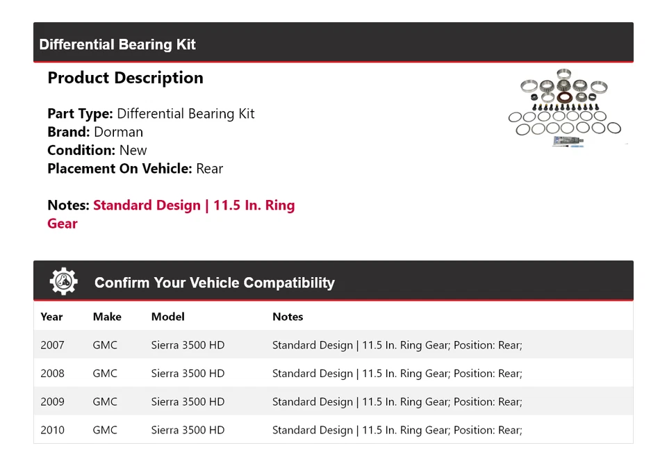 Kit de cojinete diferencial trasero Dorman 2008 2009 para GMC Sierra 3500 HD 2007-2010 Foto 2 de 4