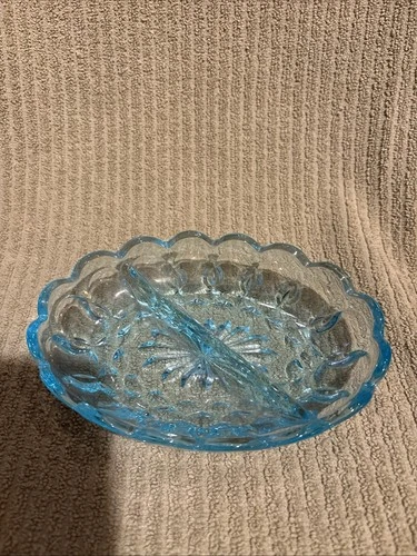 Vtg Fairfield Aqua Blue Anchor Hocking Divided Glass Candy Dish Table Decor 7"