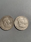 2 (two) 1960 Ben Franklin 90% Silver Circulated Half Dollars - FV $1.00