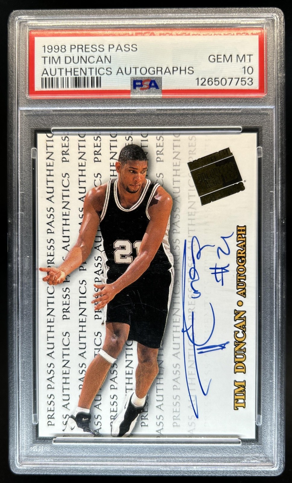 1998 Press Pass Authentics Tim Duncan Auto Autograph Spurs PSA 10 GEM MINT