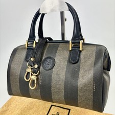 Fendi Pequin Stripe Mini Boston 2 vie Pecan PVC nero con sacchetto antipolvere
