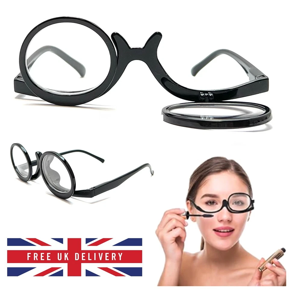 Fashion Magnifying Make Up Makeup Glasses Flip Down Lenses Black Frame +1.0-4.0