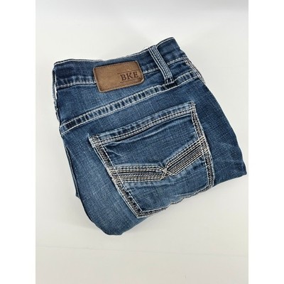 BKE Jake Mens Straight Leg Jeans Medium Wash Blue Denim 34S Contrast Stitch