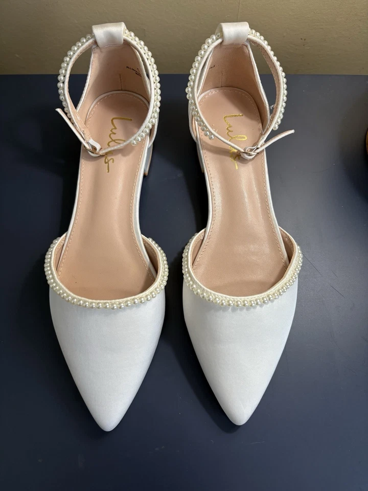 Lulus Satin And Pearl White Wedding Shoes- Pointed Flat Heel. Size 7.5 - Image 3 of 4