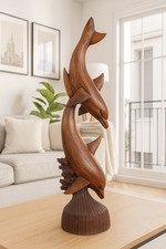Scultura Delfini in Legno di Teak 24x10x80 cm – Statua Artigianale Realizzata a 