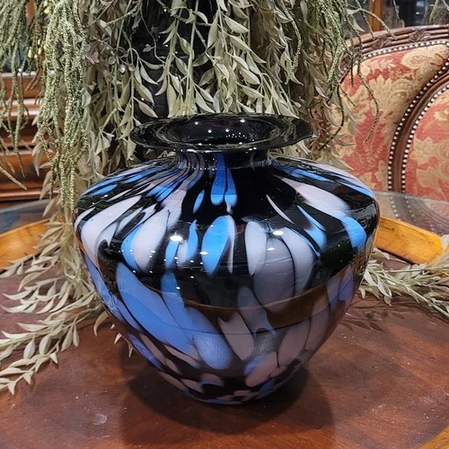 Vintage Maestri Vetrai Murano Art Glass Vase Designs of Black, Blue & Mauve