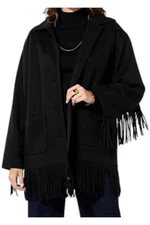 Christie Brinkley Women's Brushed Faux Melton Jacket with Fringe Black