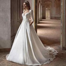 Princess V-neck Wedding Dresses Long Sleeves Appliques A Line Satin Bridal Gowns