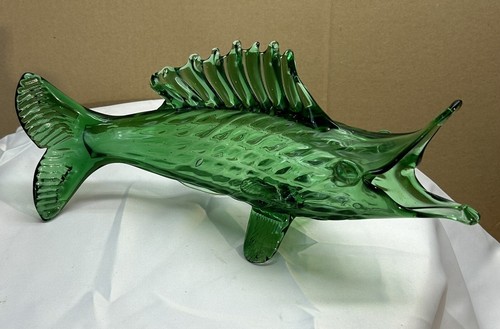 Vintage Blown Glass Green Fish Fin Open Mouth Ocean Sea Life Sculpture Decor
