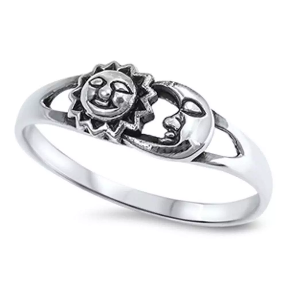 Celestial Solid Sun Moon .925 Sterling Silver Ring