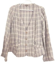 FLAX Linen V-Neck Blazer Collarless Button Jacket Lavender Plaid Size M NEW
