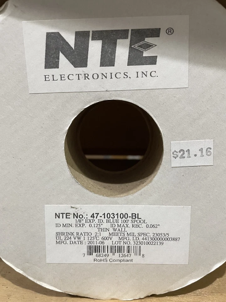 Tubo termorretráctil NTE Electronics 47-103100-BL 1/8" x 100 pies. Pared delgada, azul, 2:1 Foto 2 de 2