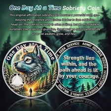 Personalized One Day at a Time Sobriety Coin -Inspring Wolf -Recovery AA Chip