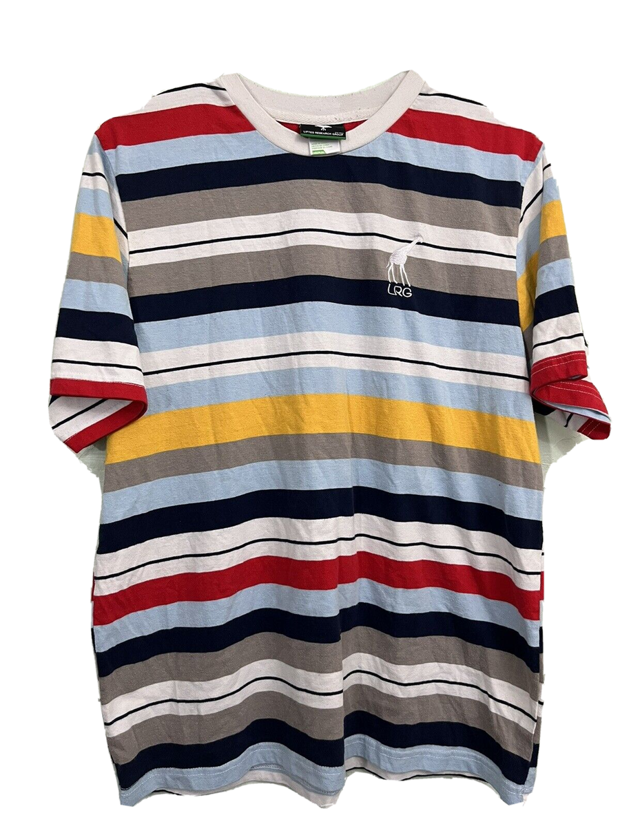 LRG Men's T-Shirt Medium Blue Red Yellow Stripes Giraffe Logo