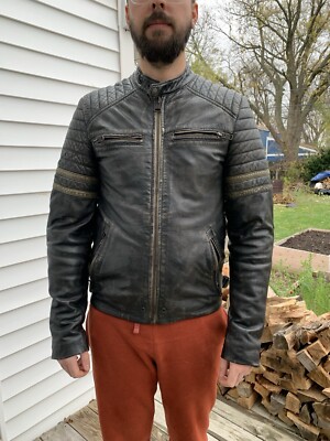 Veste En Cuir Superdry THE SPEEDSTER - Noir Kaki - Taille M - Occasion Bon état