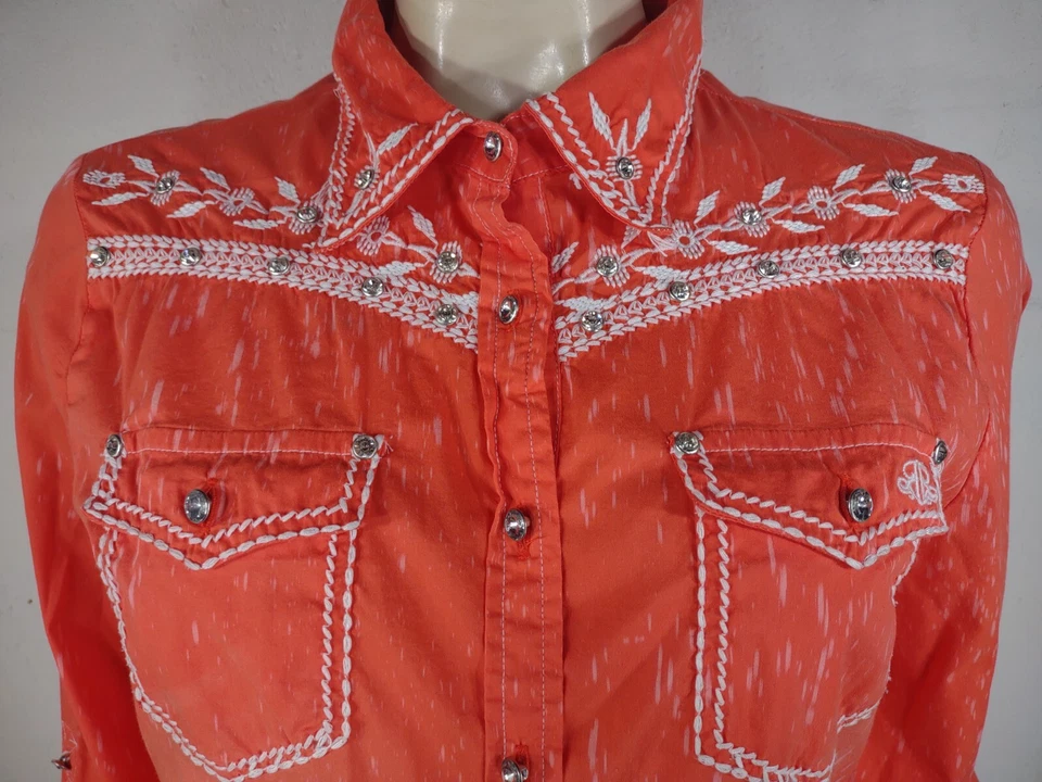 Roar橙色白色刺绣镶嵌纽扣前衬衫女式大号 — 第 3/4 张图片