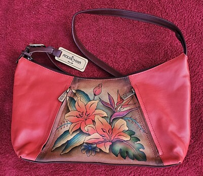 Anuschka Hand-Painted Leather Hobo Bag - Women's Large Shoulder Bag, Romantic Rose Design, Genuine Cowhide