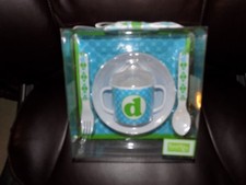MudPie Initial "d" Feeding Set Blue Green 5-Pc Sippy Cup Bowl Spoon Fork NEW