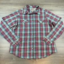 Wrangler Wrancher Pearl Snap Long Sleeve Shirt Women  s Large Pink Blue Plaid