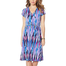 IMAN Global Chic Purple Multicolor Faux Wrap Dress Belt Size Small Short Sleeve