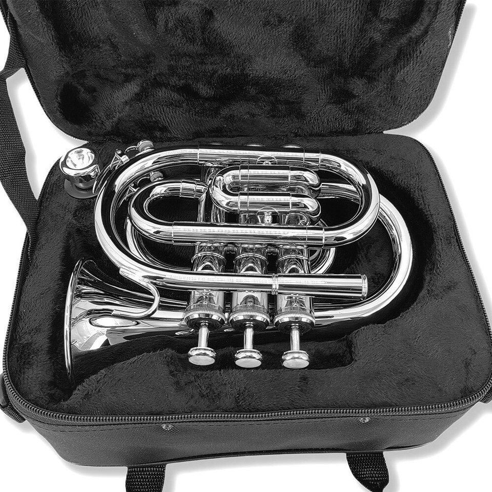 Bb Brass Pocket Trumpet Silvery with Case Mouthpiece Cleaning Cloth