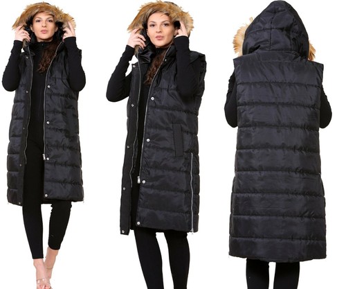 Ladies Long Gilet Side Zip Fur on Hood 