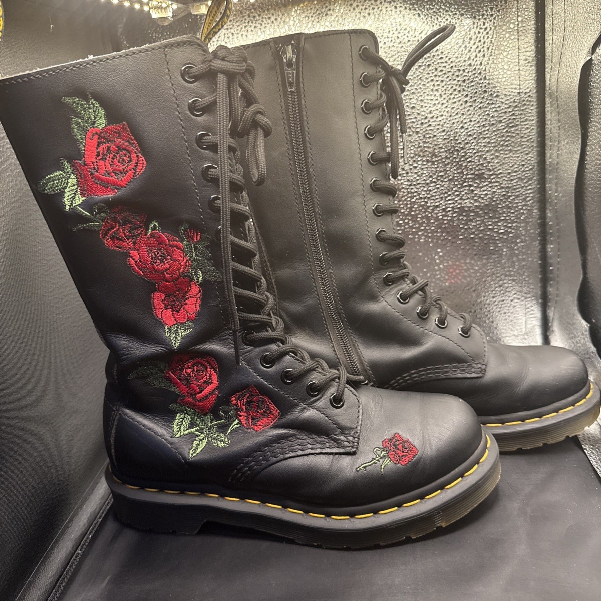 Dr. Martens 1914 Vonda Roses Black Leather 14-Eye Tall Laced Boots