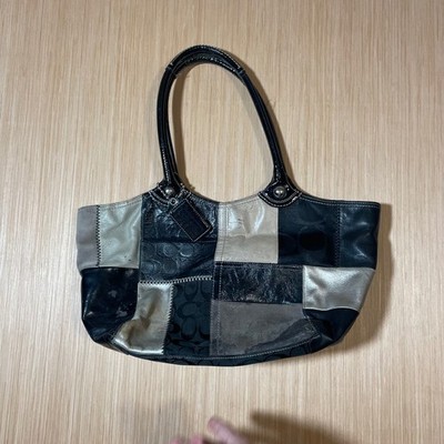 Coach Ergo Patchwork Tote Bag Black Grey Silver Leather Signature F14045