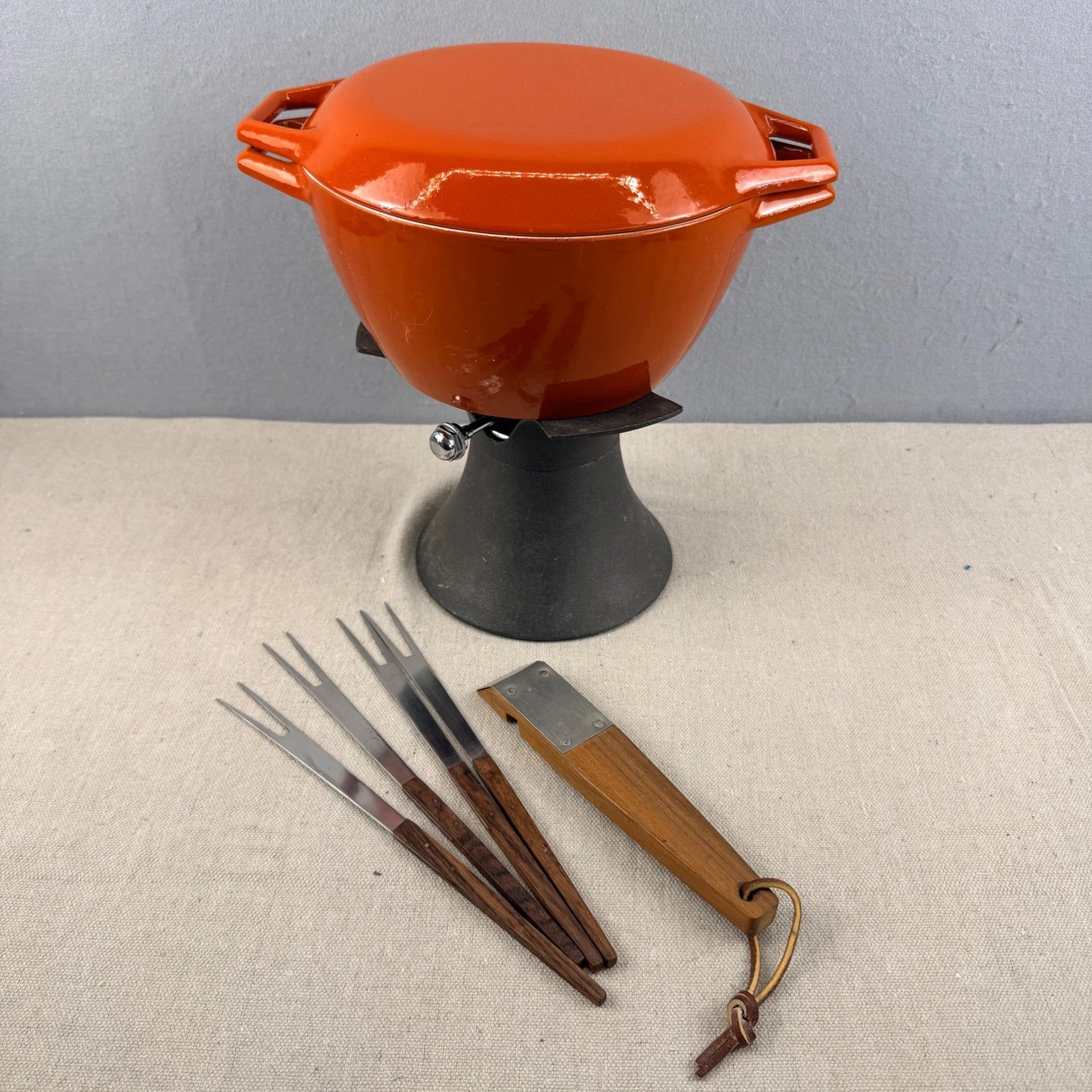 Vintage Nacco D2 Orange Enamel Dutch Oven & Fondue Set Complete Denmark